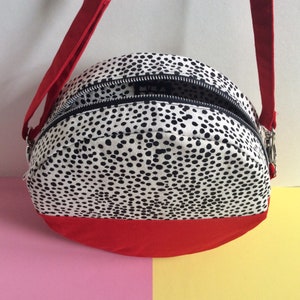 Pill Circular Crossbody Bag, Screen Printed Colour Block Red Handbag, Round Shoulder Bag, Dot pattern image 4