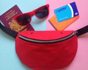 Red bumbag, fanny pack, hip bag, cotton canvas, screenprint