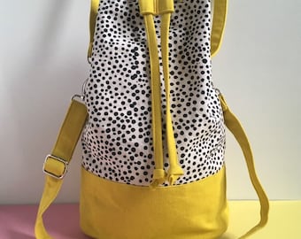 Screenprint Canvas Bucket Bag, Colour Block Yellow Shoulder Bag, Hand Printed Dot Pattern Cross Body Bag