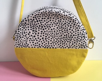 Pill Circular Crossbody Bag, Screen Printed Colour Block Yellow Handbag, Round Shoulder Bag, Dot pattern