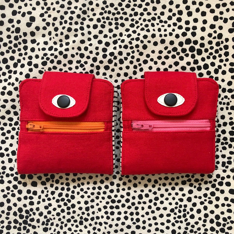 Cyclop Wallet, Cotton Canvas Coin Purse, Screen print Bi-fold Wallet, Handmade, Red image 6