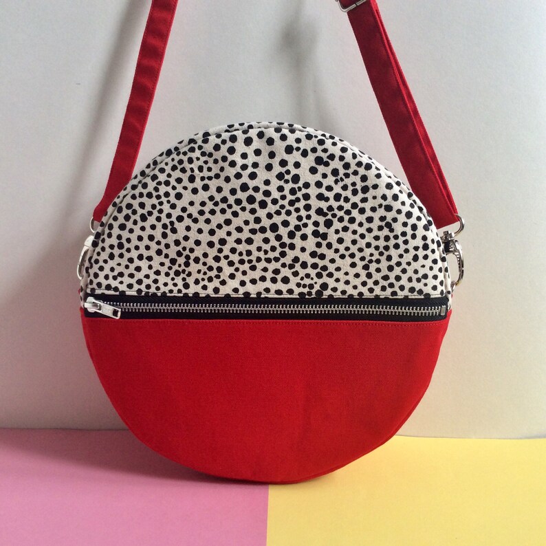 Pill Circular Crossbody Bag, Screen Printed Colour Block Red Handbag, Round Shoulder Bag, Dot pattern image 2