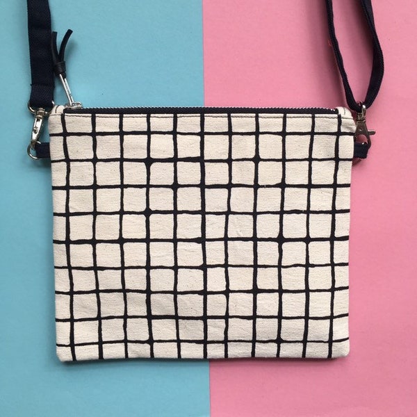 Screen-print Crossbody Bag, Grid Pattern Zip Pouch, Handmade Zip Bag, Monochrome Handbag, Hand Painted Pattern