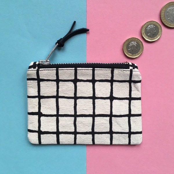 Screen-print Canvas Coin Purse, Grid Pattern Zip Pouch, Handmade Zip Bag, Monochrome Zip Case, Hand Painted Pattern