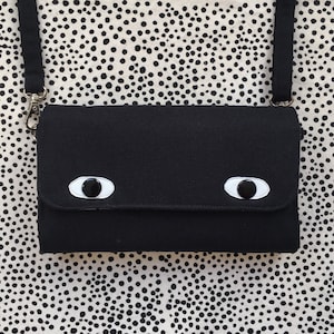 Eyebag Akkordeon Geldbörse, notwendige Geldbörse, Cross Body Bag, Clutch Bag, Siebdruck handgefertigte Geldbörse, Schwarz