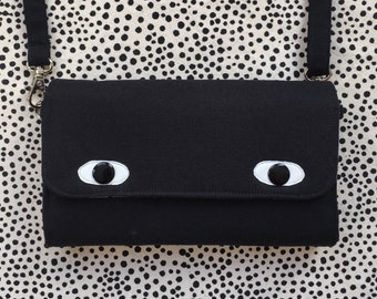 Eyebag Accordion Wallet, Necessary Wallet, Cross Body Bag, Clutch Bag, Screenprint Handmade Purse, Black