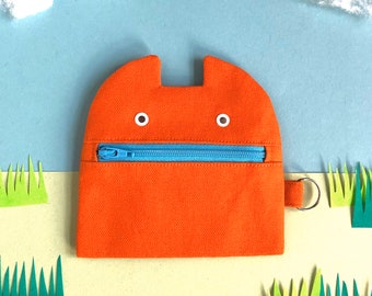 Zip Monster Coin Purse, Orange Cotton Canvas Zip Pouch, Key Ring, Handmade Coin Pouch