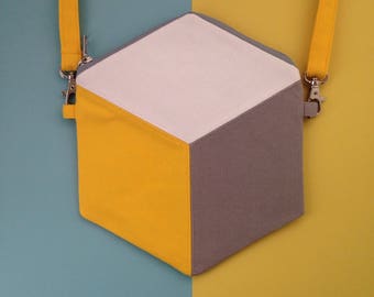 Cube / Hexagon Cross body bag, geometric design handbag, yellow and grey, handmade