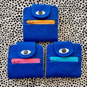 Portefeuille Cyclop, Porte-monnaie en toile de coton, Portefeuille à deux volets sérigraphié, Fait main, Bleu roi