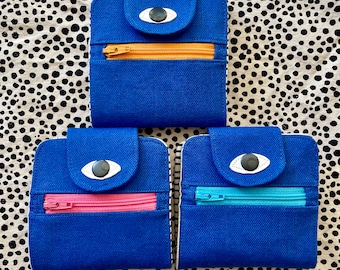 Cyclop Wallet,  Cotton Canvas Coin Purse, Screen print Bi-fold Wallet, Handmade, Royal Blue