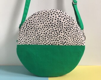 Pill Circular Crossbody Bag, Screen Printed Colour Block Green Handbag, Round Shoulder Bag, Dot pattern