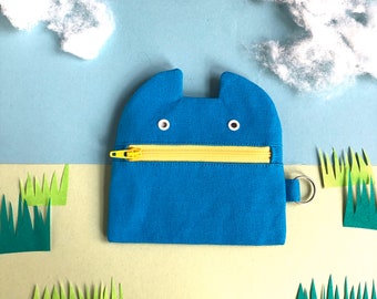 Zip Monster Coin purse, Blue Cotton Canvas Zip Pouch, Key Ring Handmade Coin Pouch