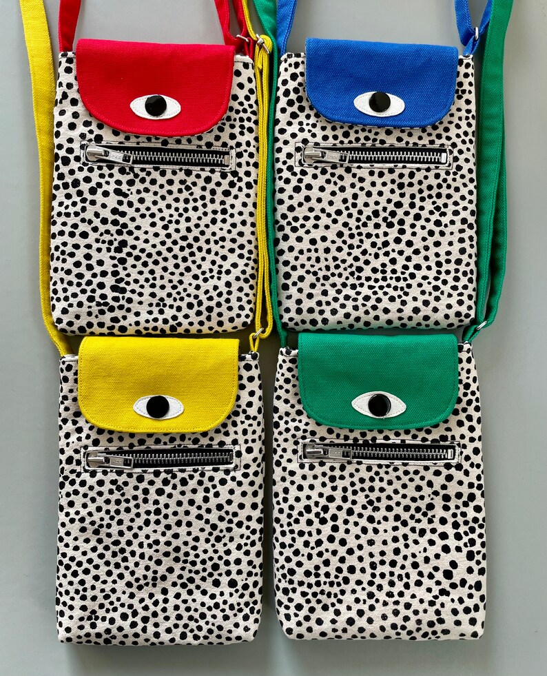 Crossbody Phone Case, Smartphone Sleeve, Screen printed Cotton Canvas Phone Holder, Various Colours and Patterns, Cyclops Bag image 10