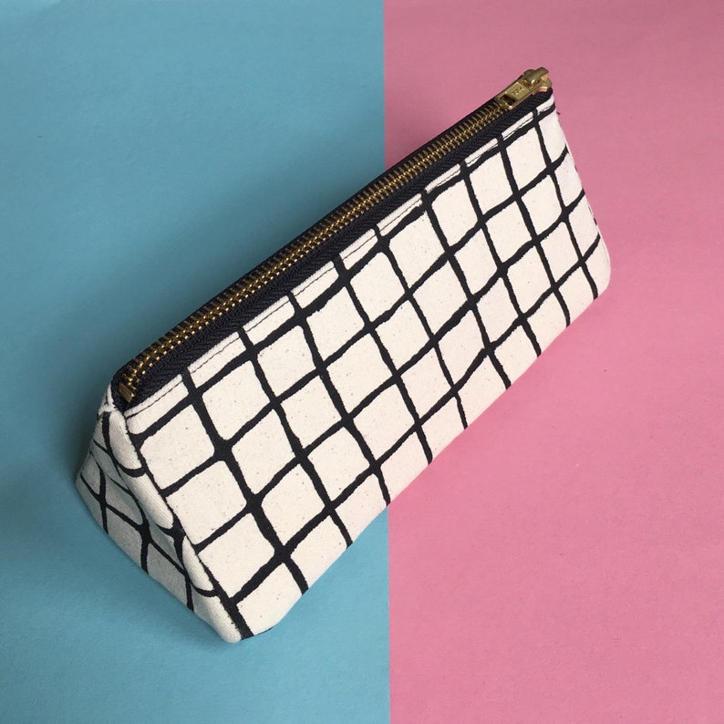 Screen-print Triangle Pencil Case, Grid Pattern Zip Pouch, Cotton Canvas Zip Bag, Handmade Cosmetics Case image 3