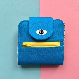 Cyclops Wallet, Cotton Canvas Coin Purse, Screen print Bi-fold Wallet, Handmade, Blue image 1