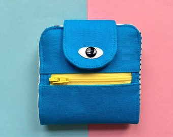 Cyclops Wallet,  Cotton Canvas Coin Purse, Screen print Bi-fold Wallet, Handmade, Blue