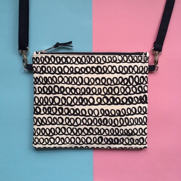 Screen-print Crossbody Bag, Loopy Pattern Zip Pouch, Handmade Zip Bag, Monochrome Handbag, Hand Painted Pattern