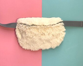Fluffy Bum bag, Faux fur Hip bag, White Fanny bag, Vegan, Handmade silkscreenprint