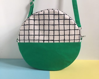 Pill Circular Crossbody Bag, Screen Printed Colour Block Circle Green Handbag, Round Shoulder Bag, Grid Pattern