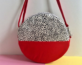 Pill Circular Crossbody Bag, Screen Printed Colour Block Red Handbag, Round Shoulder Bag, Dot pattern