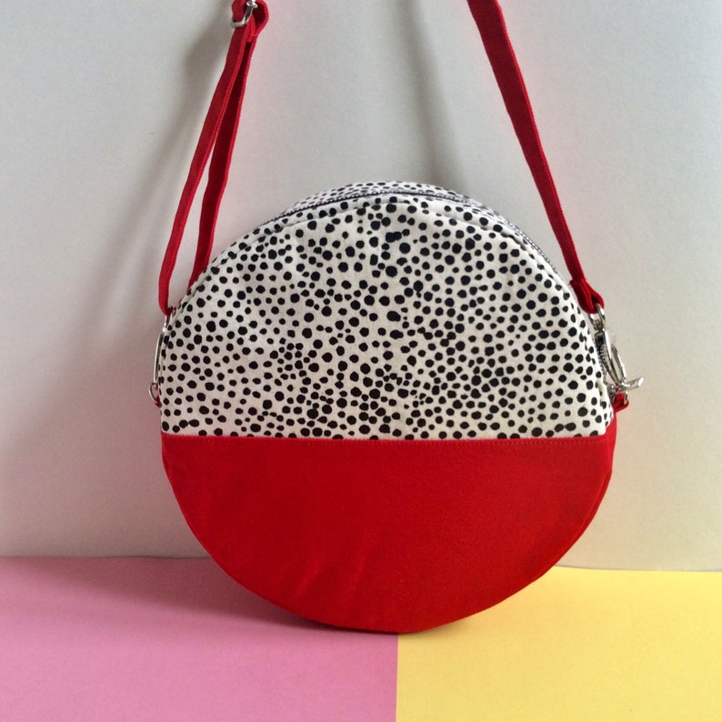Pill Circular Crossbody Bag, Screen Printed Colour Block Red Handbag, Round Shoulder Bag, Dot pattern image 1