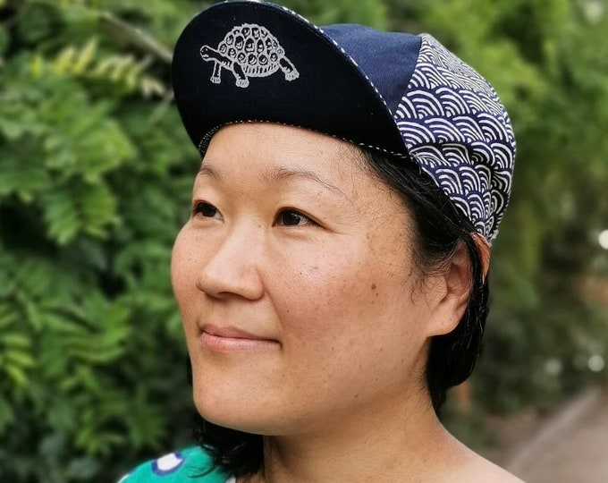 Handmade Cycling Cap: Tortoise & Hare, Japanese Cotton Seigaiha Wave