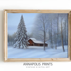 Vintage Farmhouse Print Winter Barn Snowy Forest Downloadable Wall Art Winter Wonderland Oil Painting P26 image 1