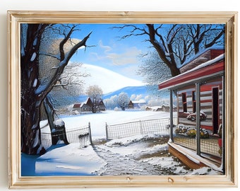 Vintage Winter Cabin Village / Arte de pared imprimible rústico nevado / Cottagecore Farmhouse / Pintura al óleo de lienzo / P21