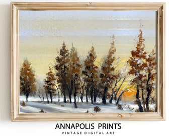 Impresión de paisaje de invierno / Árboles de invierno nevados Arte mural imprimible / Arte mural navideño / Pintura al óleo de estilo vintage