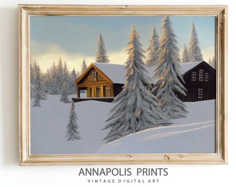 Vintage Farmhouse Cabin Print | Winter Landscape Print | Holiday Printable Art | Antique Country Art | Digital Wall Art | P22