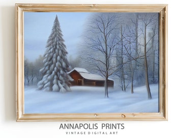 Vintage Farmhouse Print | Winter Barn | Snowy Forest | Downloadable Wall Art | Winter Wonderland | Oil  Painting | P26
