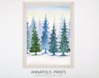 Christmas Printable Wall Art | Vintage Style Christmas Decorations | Snowy Tree Watercolor Painting | Winter Wall Art