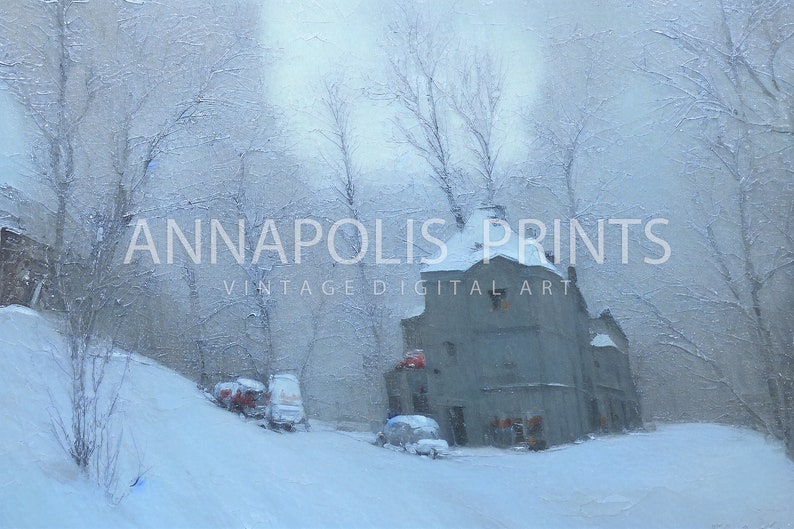 Pintura de cabina de paisaje de invierno / Pintura de invierno nevada Arte de pared imprimible / Arte de pared de cabina / Pintura al óleo de arte de invierno vintage P16 imagen 5