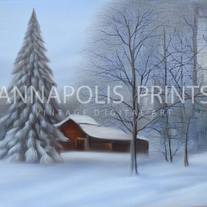 Vintage Farmhouse Print Winter Barn Snowy Forest Downloadable Wall Art Winter Wonderland Oil Painting P26 image 3