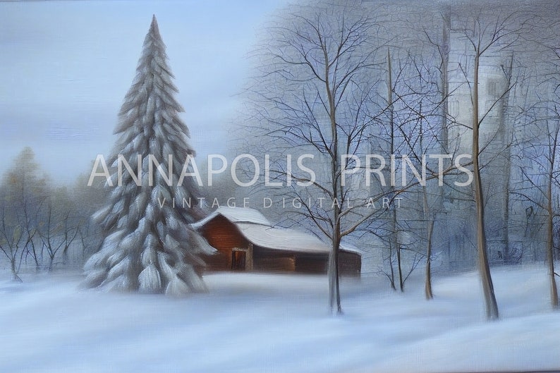 Vintage Farmhouse Print Winter Barn Snowy Forest Downloadable Wall Art Winter Wonderland Oil Painting P26 image 3