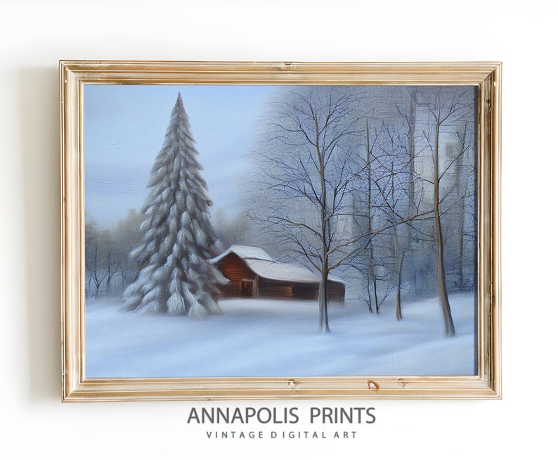 Vintage Farmhouse Print Winter Barn Snowy Forest Downloadable Wall Art Winter Wonderland Oil Painting P26 image 1