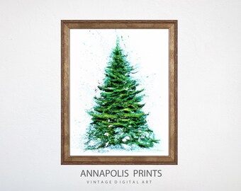 Christmas Tree Print | Vintage Style Christmas Decorations | Snowy Tree Watercolor Painting | Winter Wall Art