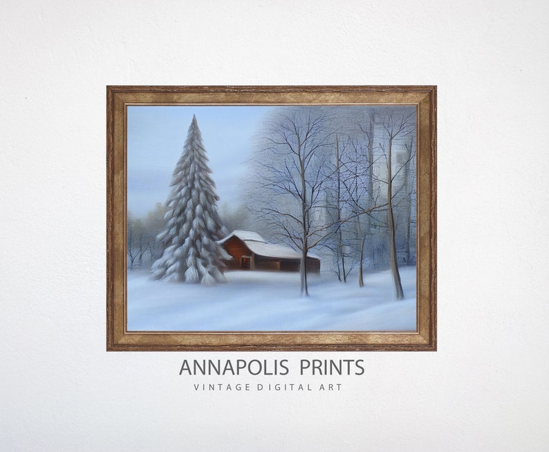 Vintage Farmhouse Print Winter Barn Snowy Forest Downloadable Wall Art Winter Wonderland Oil Painting P26 image 4