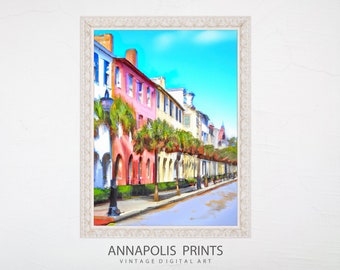 Rainbow Row Charleston Vintage Print / Vintage Cityscape Print / Farmhouse PRINTABLE Art / P9