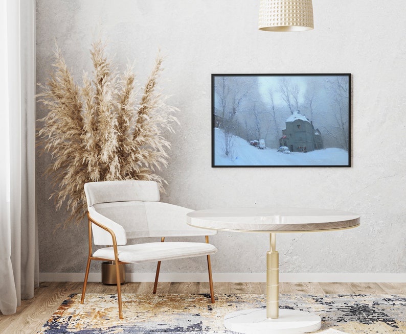Pintura de cabina de paisaje de invierno / Pintura de invierno nevada Arte de pared imprimible / Arte de pared de cabina / Pintura al óleo de arte de invierno vintage P16 imagen 4