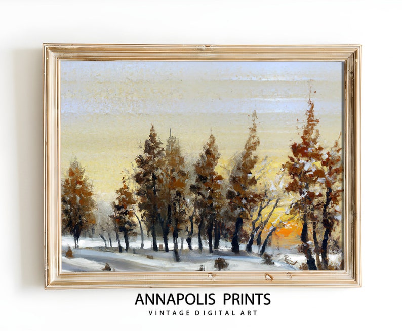 Winter Landscape Print Snowy Winter Trees Printable Wall Art Christmas Wall Art Vintage Style Oil Painting image 1