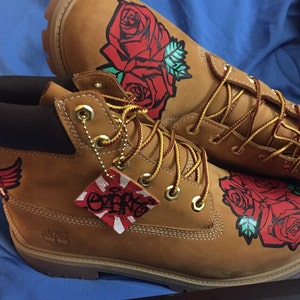 red and tan timberlands