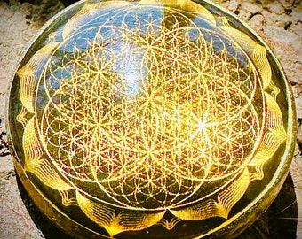 Fleur de Vie + Graine de Vie - Orgonite - Effet Holographique Incroyable (voir vidéo) - Matrice de Pierres Précieuses - Feuille d'Or - Spirale de cuivre Tesla