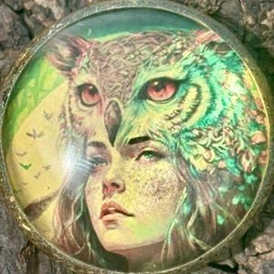 Könnte beinhalten: Ein runder Anhänger mit einer detaillierten Illustration einer Person, die eine Eulenhaube trägt. Das Kunstwerk zeigt leuchtende Grün- und Gelbtöne mit roten Augen bei der Eule. Der Anhänger ist in einen Metallrahmen mit kleiner Öse gefasst.