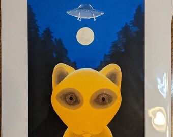 Alien Cat Matted Print, 8x10 (11x14 mat)
