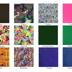 a grid of twelve different fabric swatches, each with a unique color and pattern. The swatches include various shades of brown, camouflage, pink, green, blue, and purple.