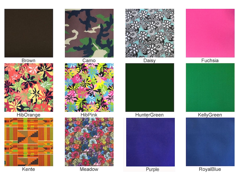 a grid of twelve different fabric swatches, each with a unique color and pattern. The swatches include various shades of brown, camouflage, pink, green, blue, and purple.