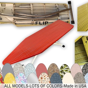 May include: A metal ironing board with a perforated surface, shown in a bright red finish. The board features a folding frame with black feet. Additional images display the yellow underside and various patterned fabric covers. Text reads: FLIP.