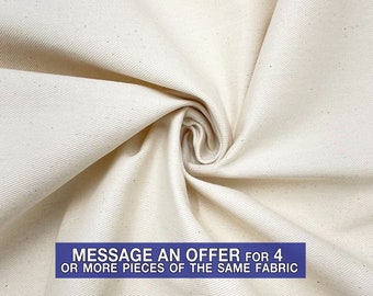 May include: Close-up of a natural white cotton fabric with a subtle texture. The fabric is folded and draped, showcasing its soft and drapey quality.  "MESSAGE AN OFFER FOR 4 OR MORE PIECES OF THE SAME FABRIC" is printed in blue text on a white background.