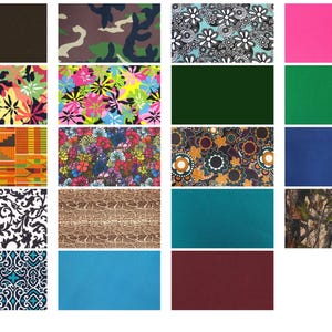 a collection of 16 different patterns and designs, including floral, geometric, camouflage, and abstract motifs, presented in a grid format.